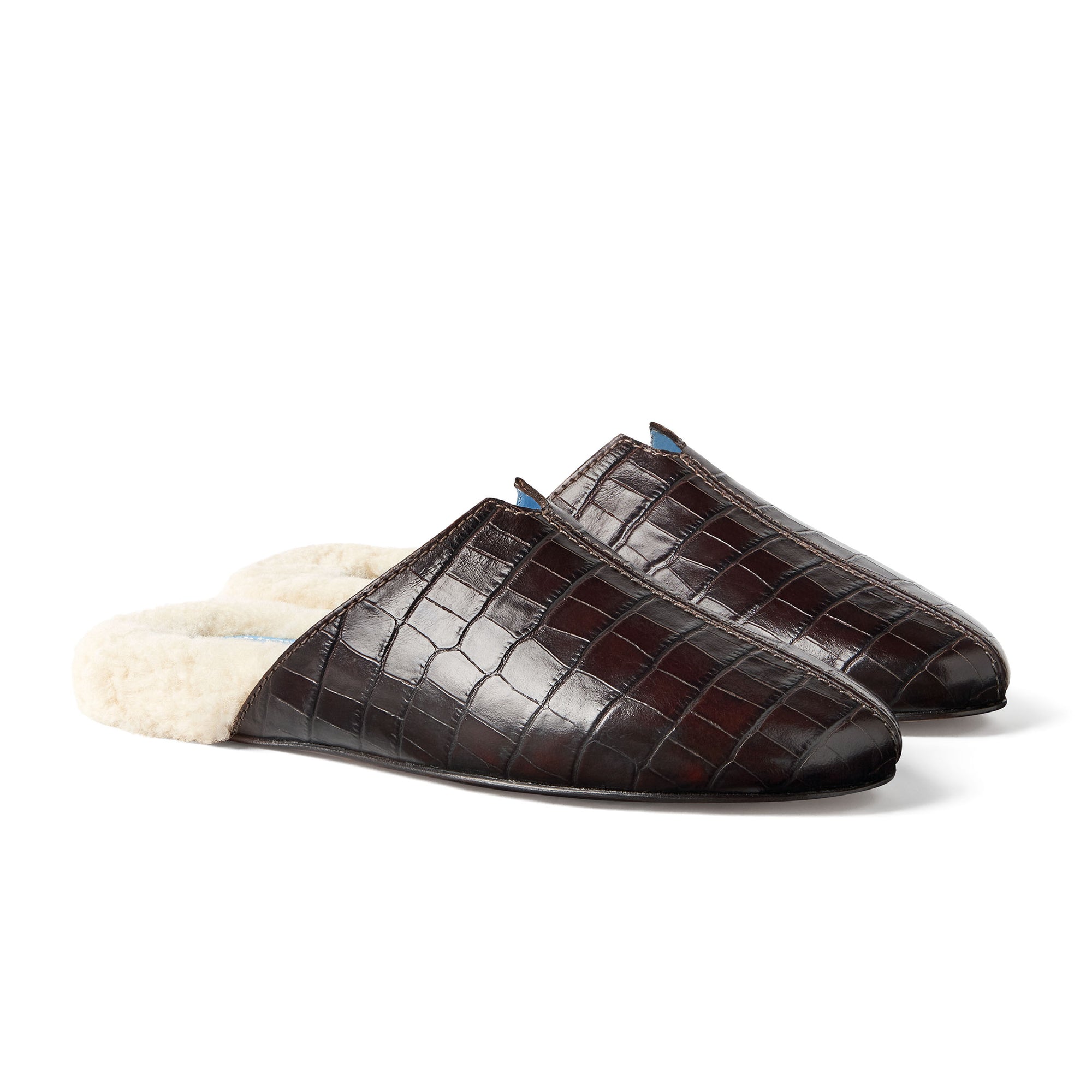Inabo Women's Little Bite Slipper in brown croc embossed nappa and white shearling
