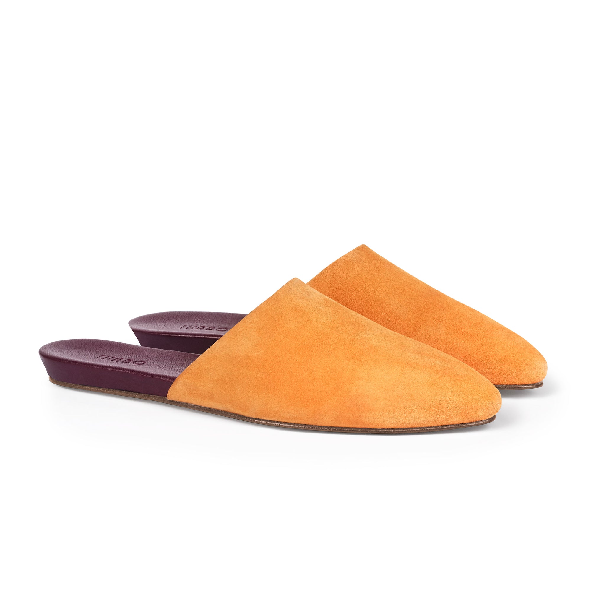 Inabo Women's Slider slipper in Saffron Suede and burgundy leather insole 