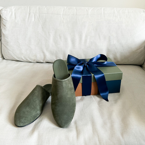 Green suede slippers from Inabo with a gift box 