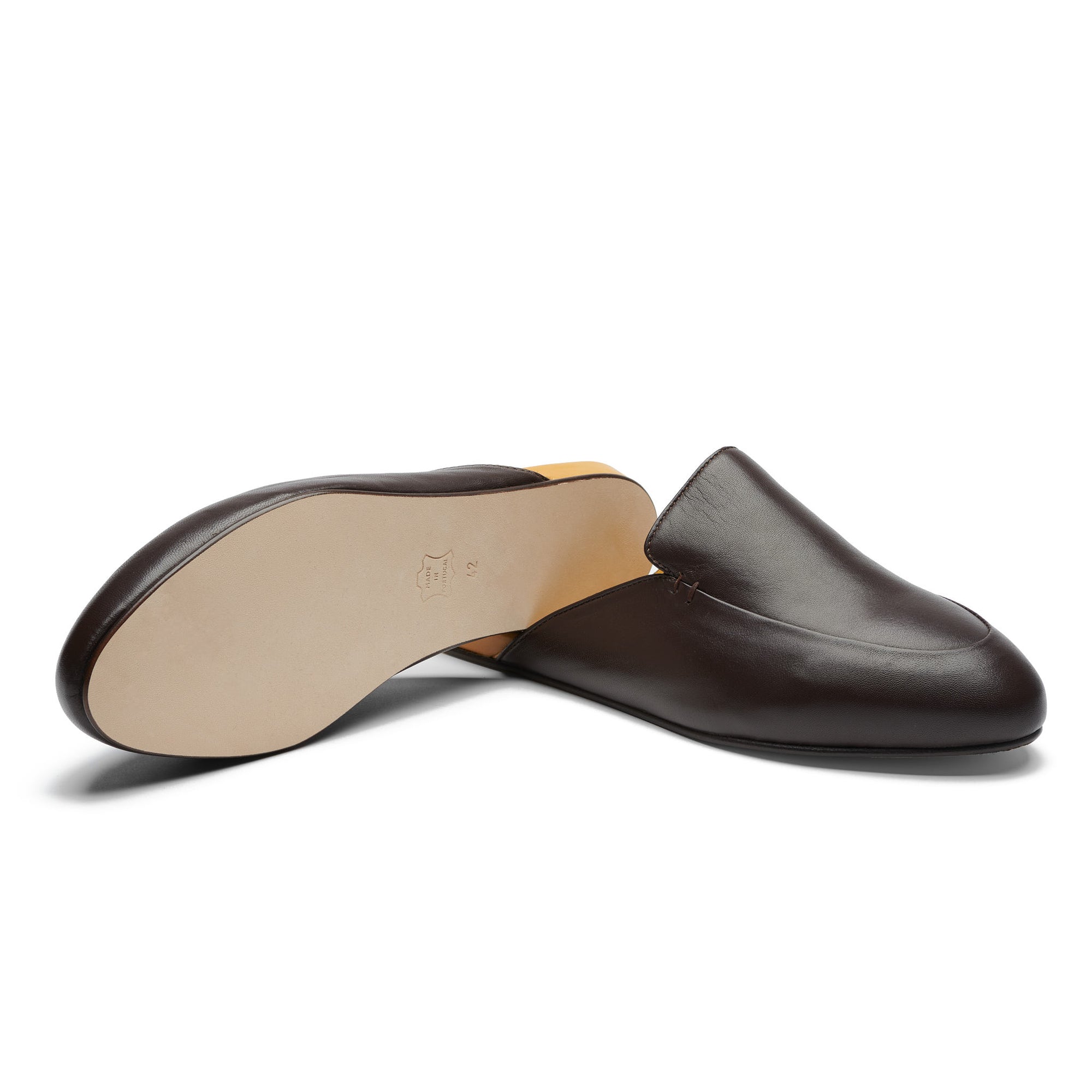 Men's Dark Brown Leather Slippers with Leather Sole