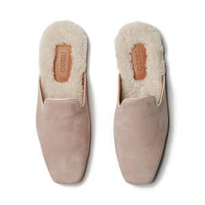 Women's Pink Suede Slippers with White Shearling