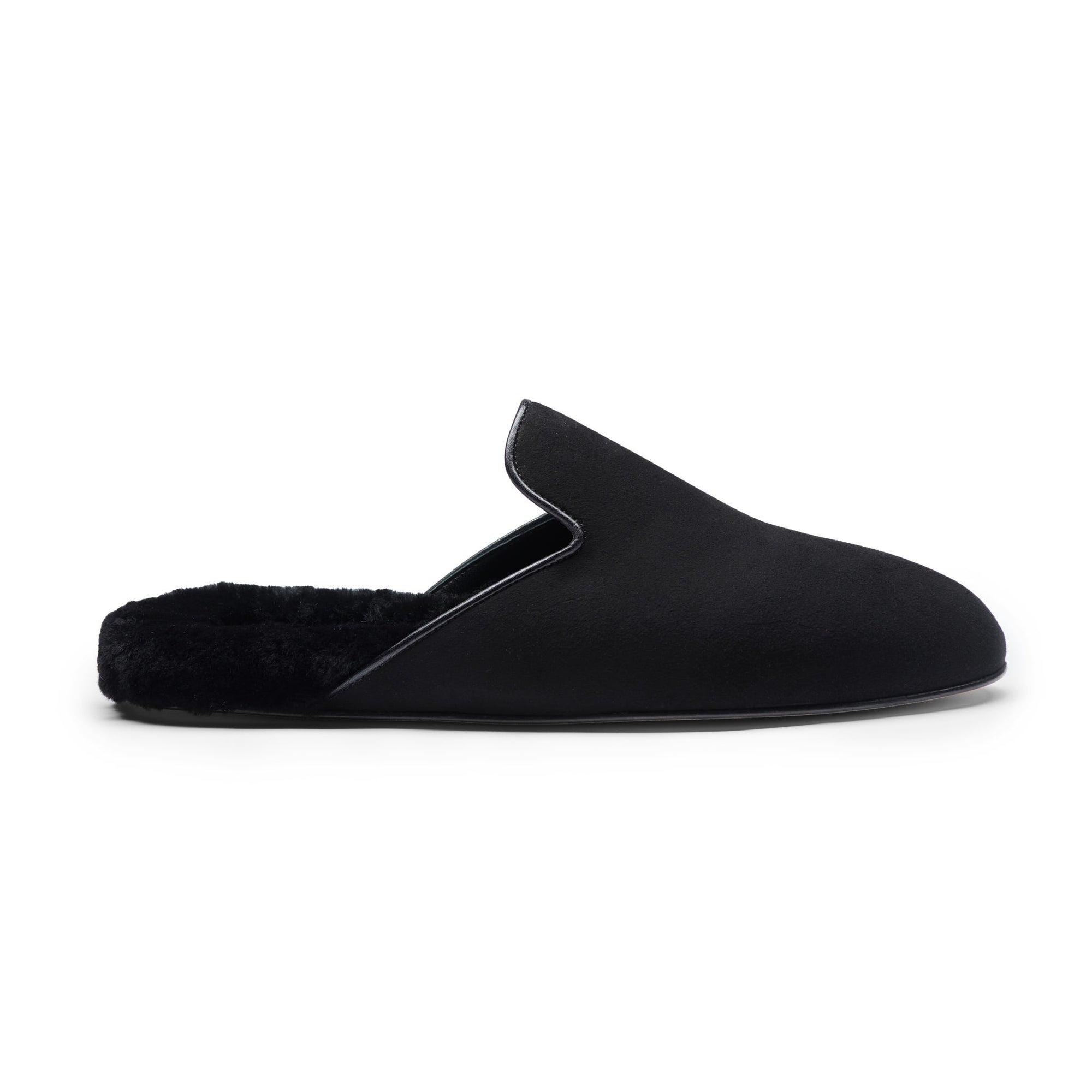 Inabo Men's Fritz Slipper in Black Suede and Shearling in profile