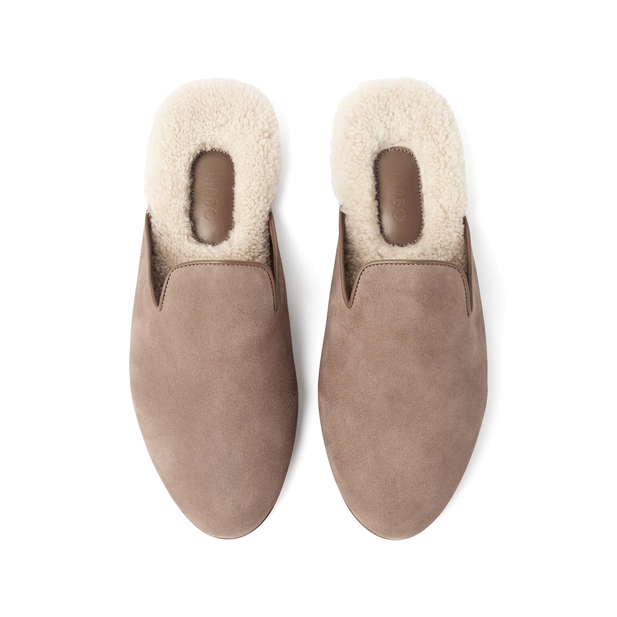Inabo Men's Fritz Slipper in taupe suede and white shearling from above