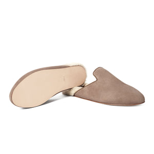 Inabo Men's Fritz slipper in taupe suede and white shearling showing leather outer sole