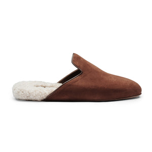 Inabo Men's Fritz Slipper in tobacco suede and white shearling in profile
