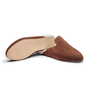 Inabo Men's Fritz slipper in tobacco suede and white shearling showing a leather outer sole