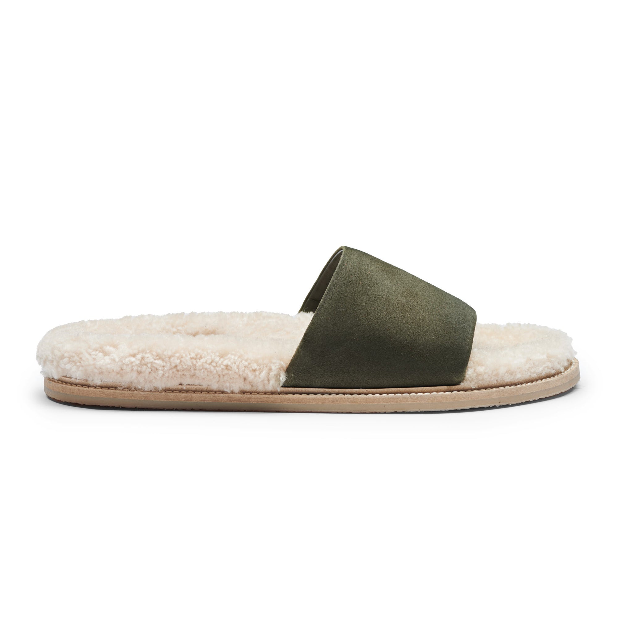 Inabo Men's Patio slipper in army green suede and white shearling in profile