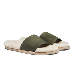Inabo Men's Patio slipper in army green suede, white shearling and rubber outer sole