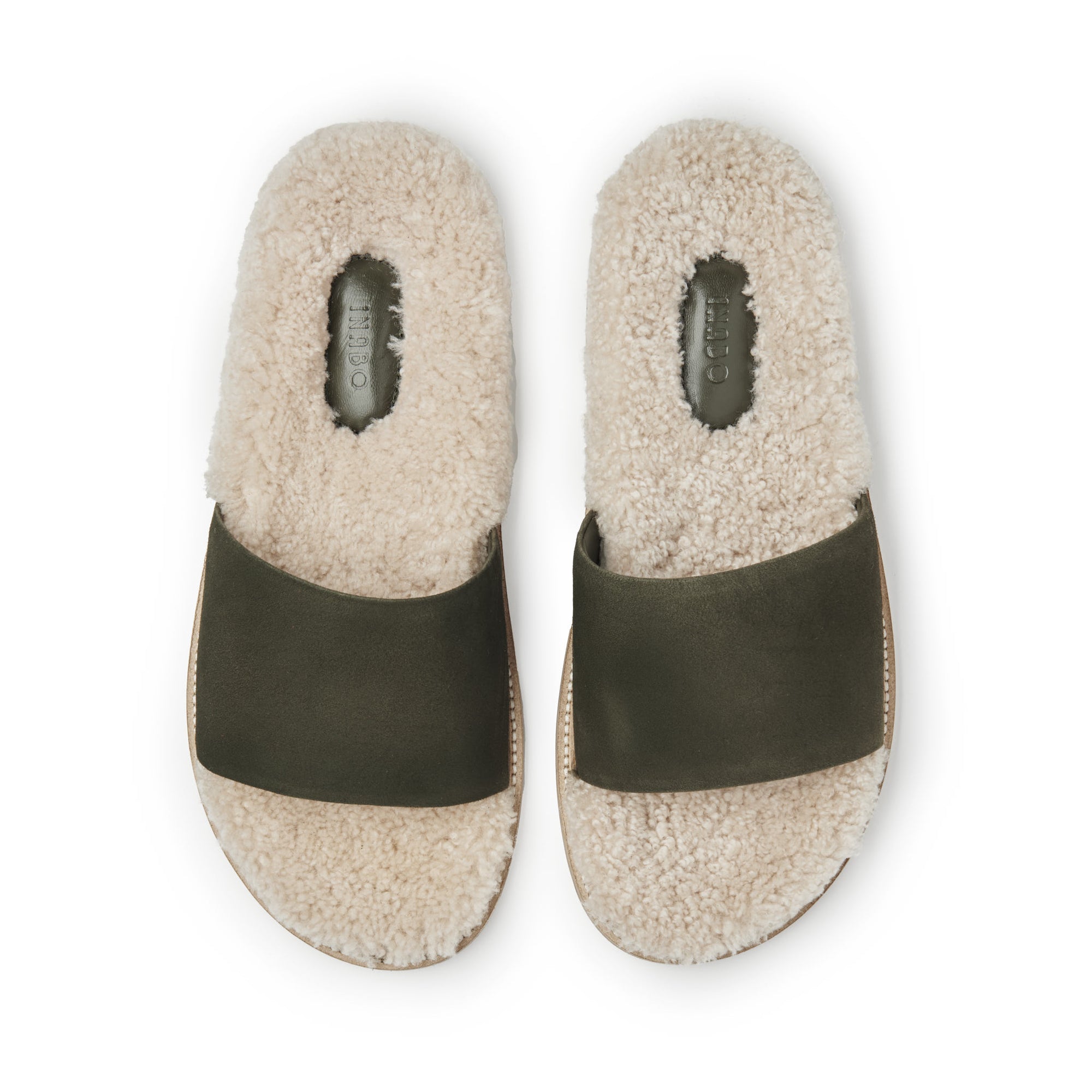 Inabo Men's Patio slipper in army green suede and white shearling from above