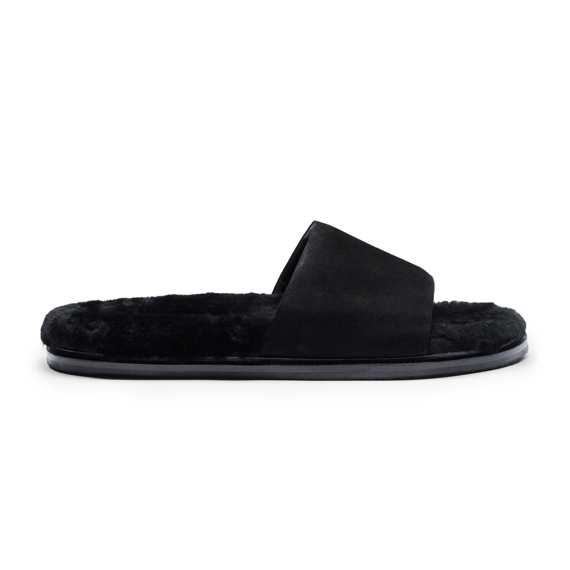 Inabo Men's Patio slipper in black suede and shearling in profile