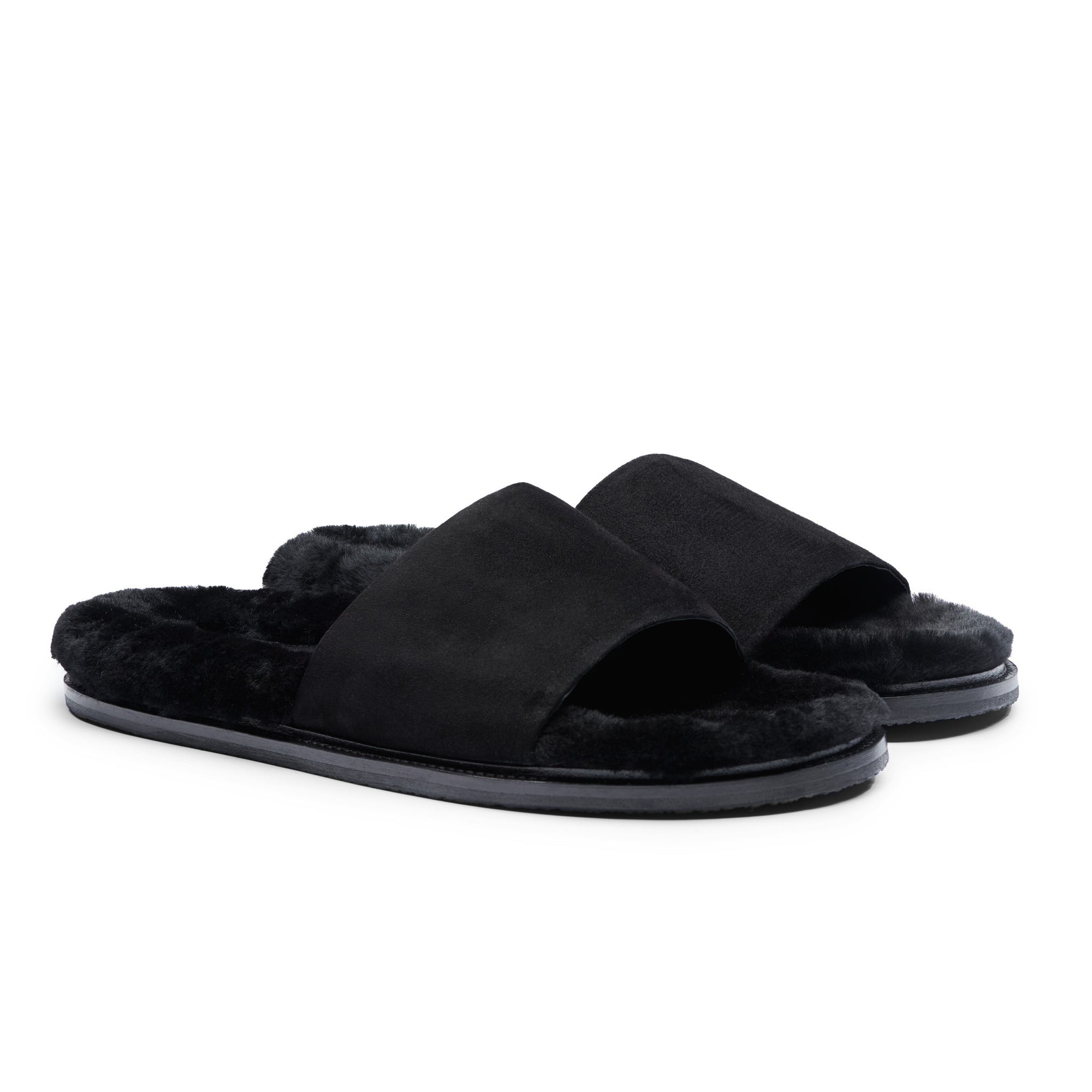 Inabo Men's Patio slipper in black suede and shearling with a rubber outer sole