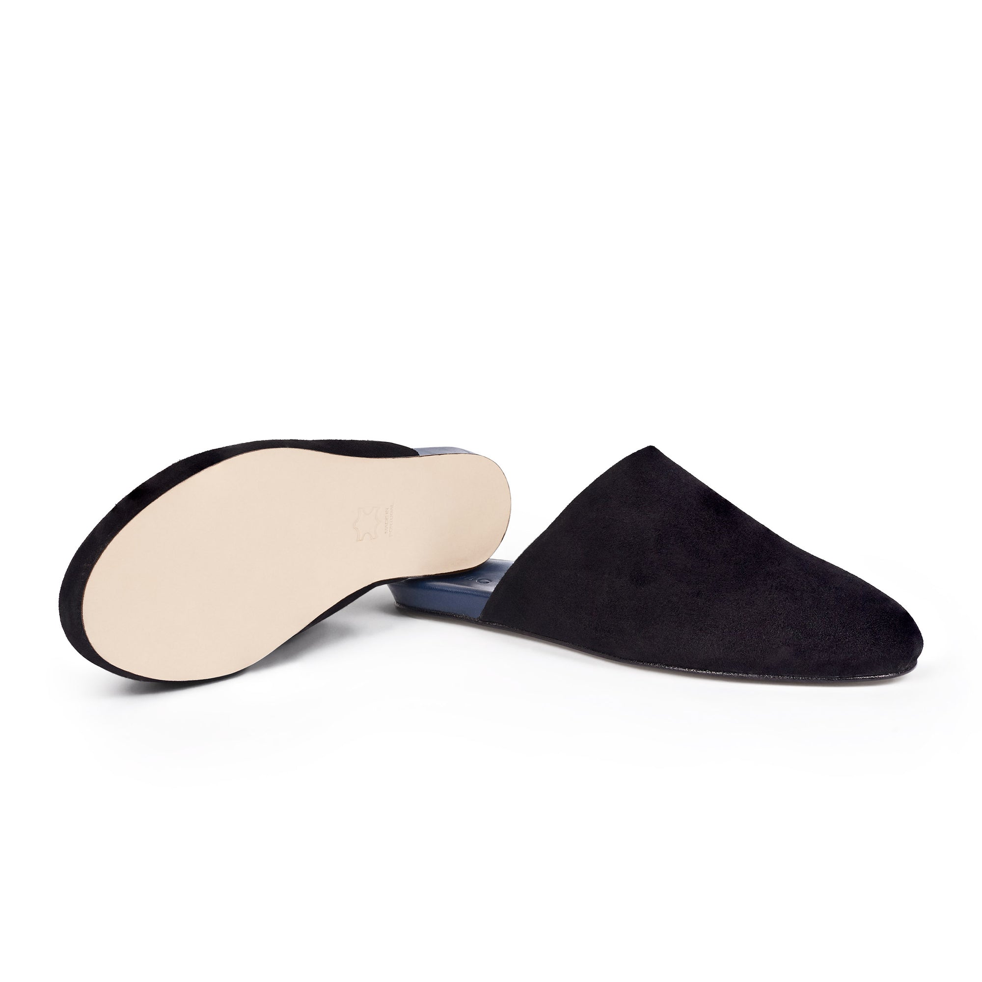 Inabo Men's Slider slipper in black suede showing the leather outer sole