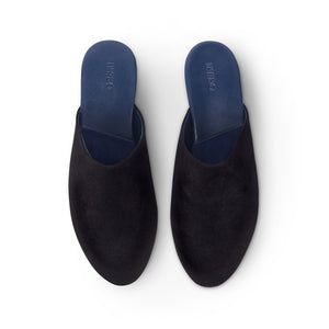 Inabo Men's Slider in black suede upper and a blue leather insole viewed from above