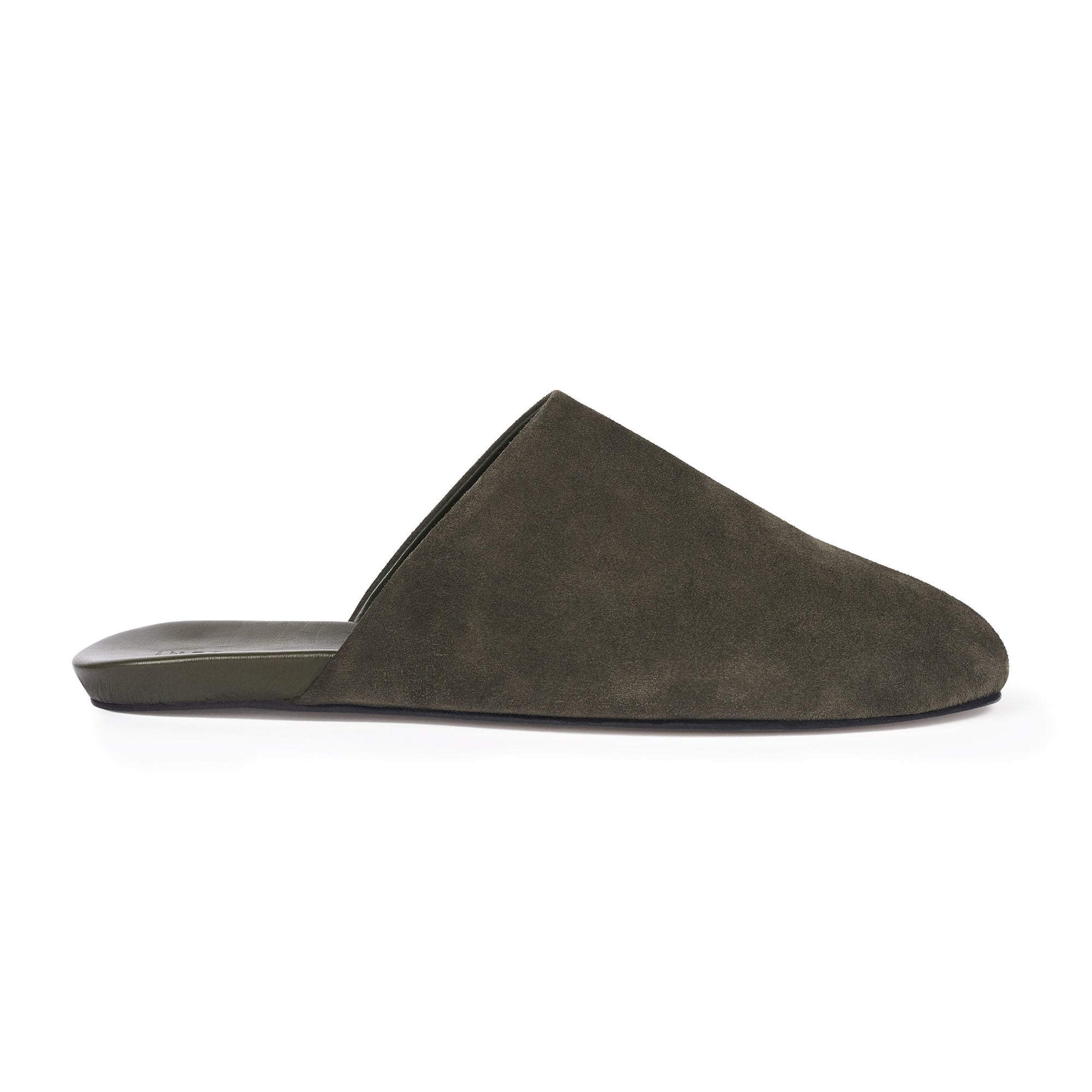 Inabo Men's Slider slipper in army suede and leather outer sole in profile