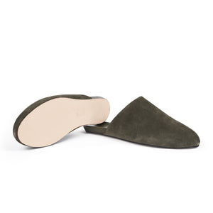 Inabo Men's Slider slipper in army suede showing the leather outer sole 