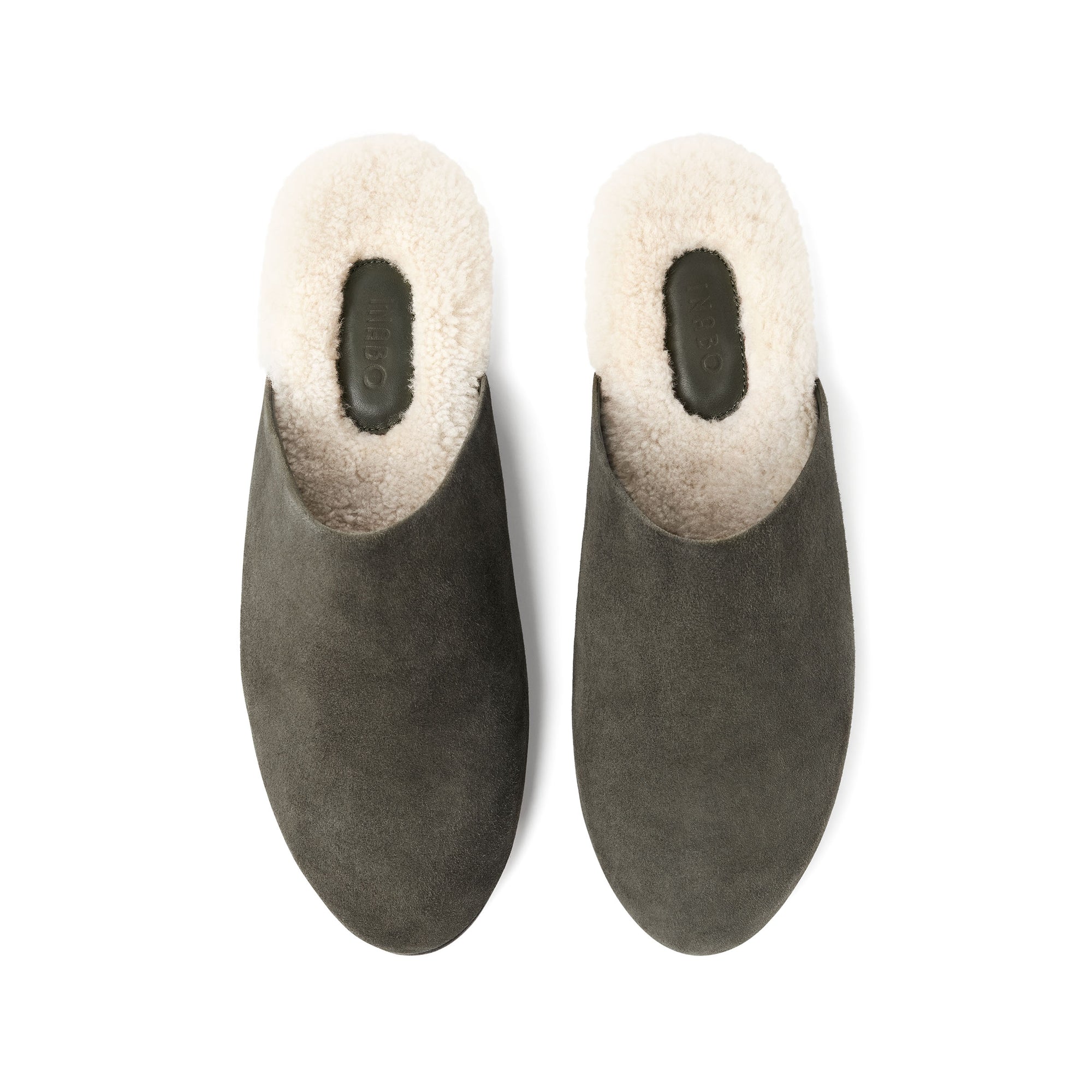 Inabo Men's Slider slipper in army suede and white shearling from above