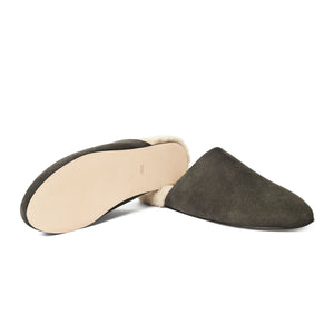 Inabo Men's Slider slipper in army suede and white shearling showing a leather outer sole