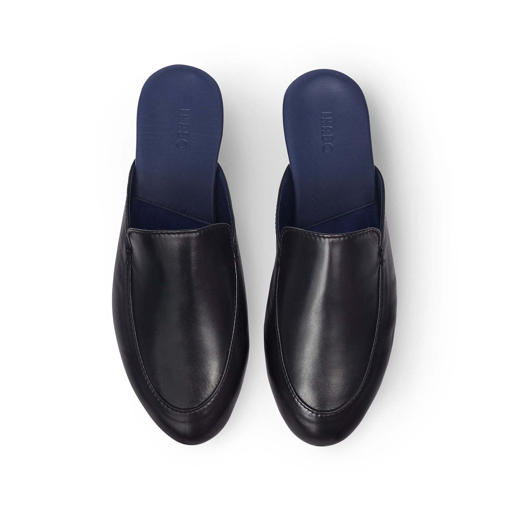 Inabo Men's Slowfer slipper in black and blue leather shown from above