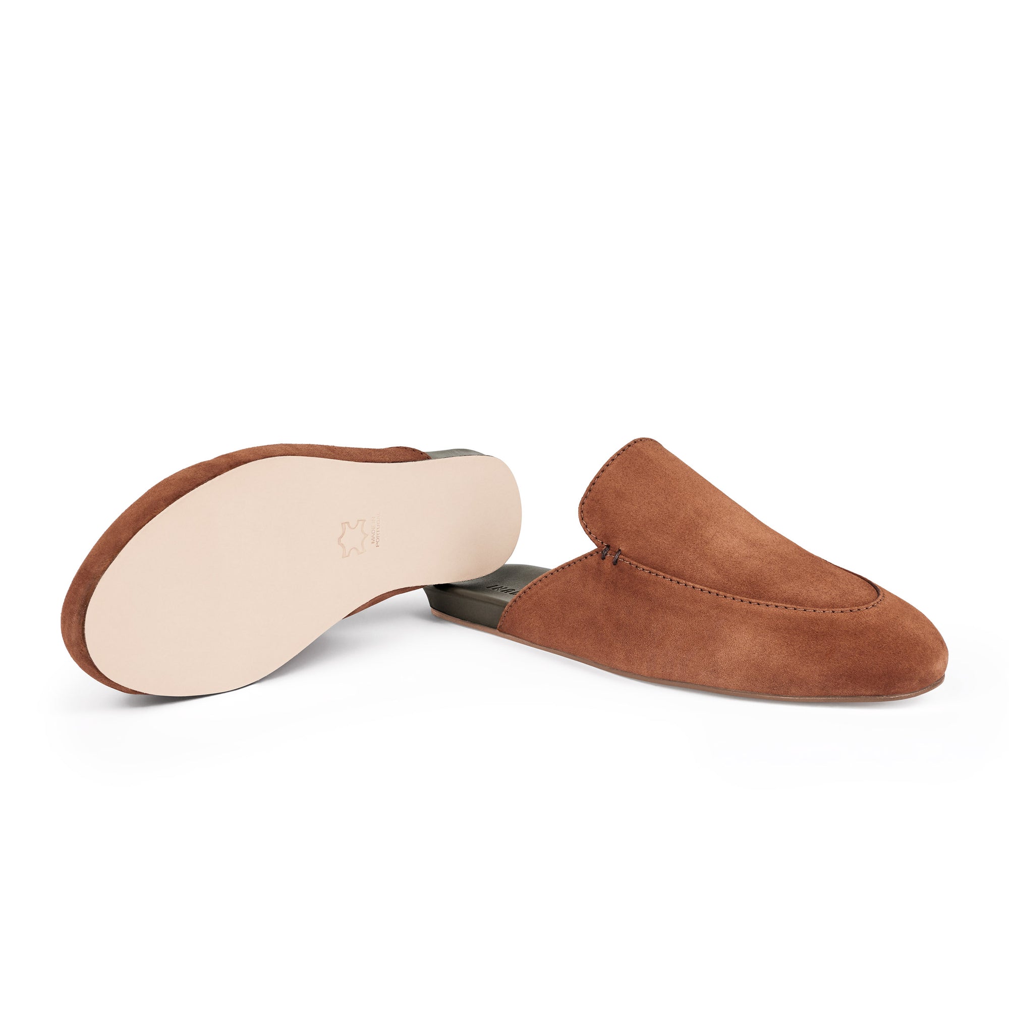 Inabo Men's Slowfer slipper in brown suede showing a leather outer sole 