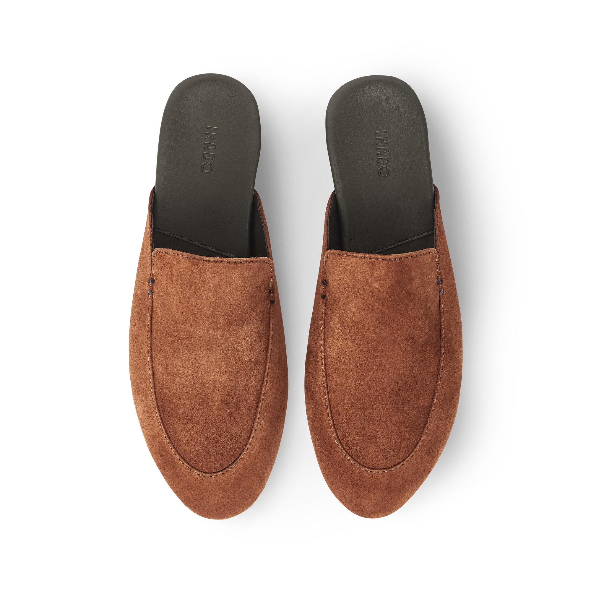 Inabo Men's Slowfer slipper in brown suede and army green leather insole shown from above