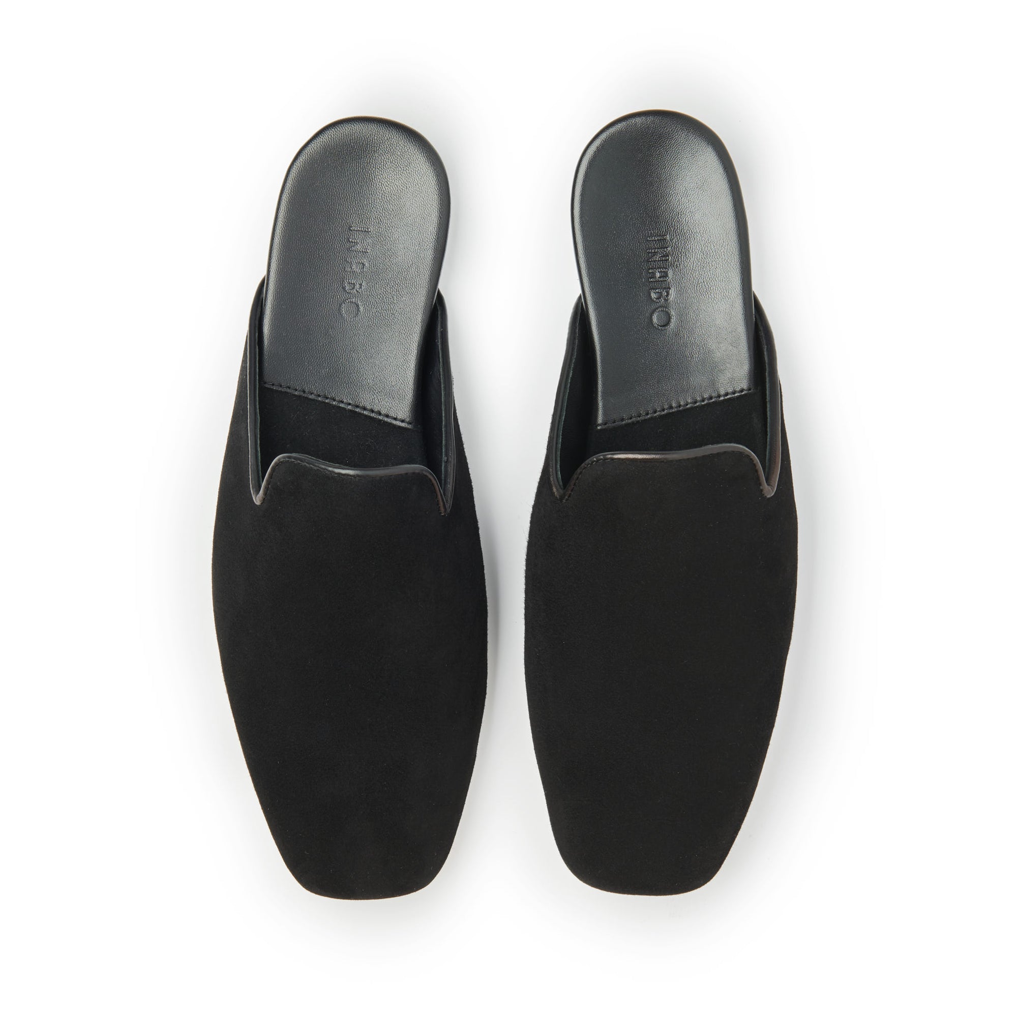 Inabo Women's Hilma slipper in black suede and leather insole shown from above