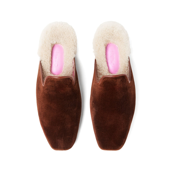 Inabo Women's Hilma slipper in brown velvet, white shearling and pink logo shown from above
