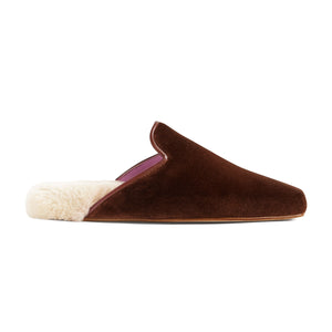 Inabo Women's Hilma slipper in brown velvet and white shearling shown in profile