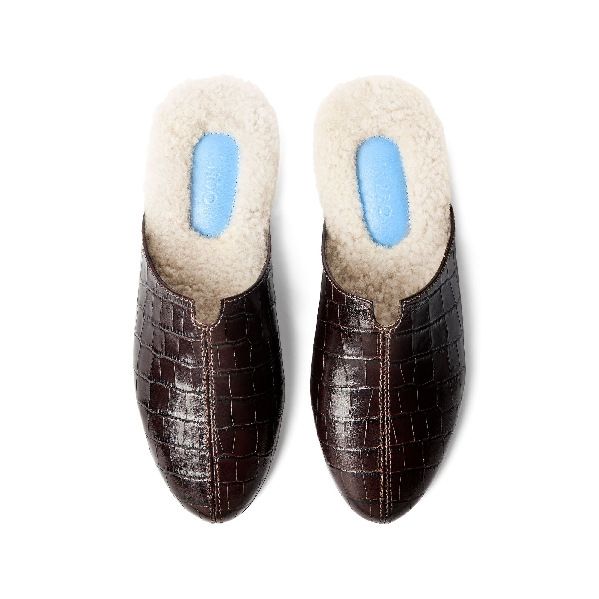 Inabo Women's Little Bite Slipper in brown croc embossed nappa, whit white shearling insole and light blue logo shown from above