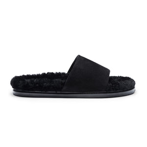 Inabo Women's Patty slipper in black suede and shearling with an open-toe shown in profile