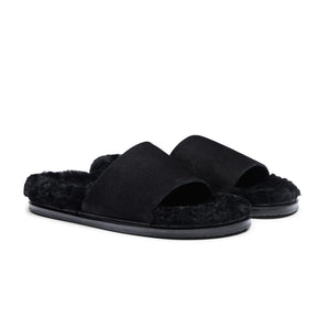 Inabo Women's Patty slipper in black suede and shearling with a rubber outer sole and open-toe