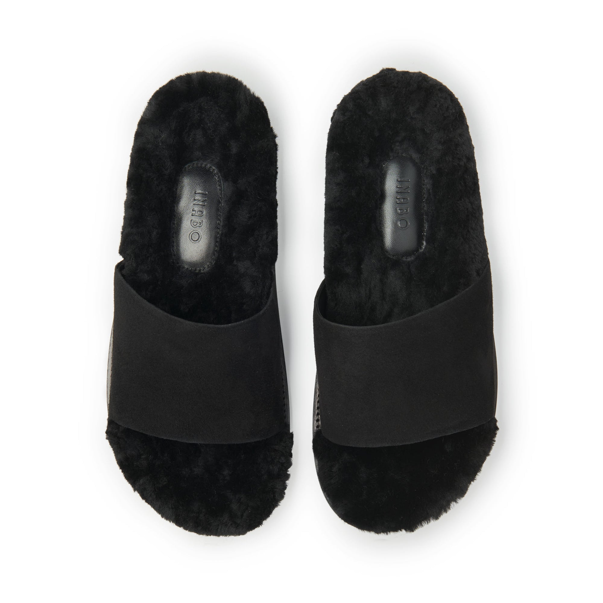 Inabo Women's Slipper in black suede and shearling with an open-toe shown from above