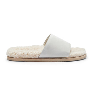 Inabo Women's Slipper in cream suede and white shearling with an open-toe shown in profile