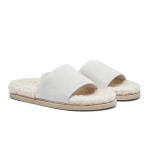 Inabo Women's Slipper in cream suede and white shearling with an open-toe 