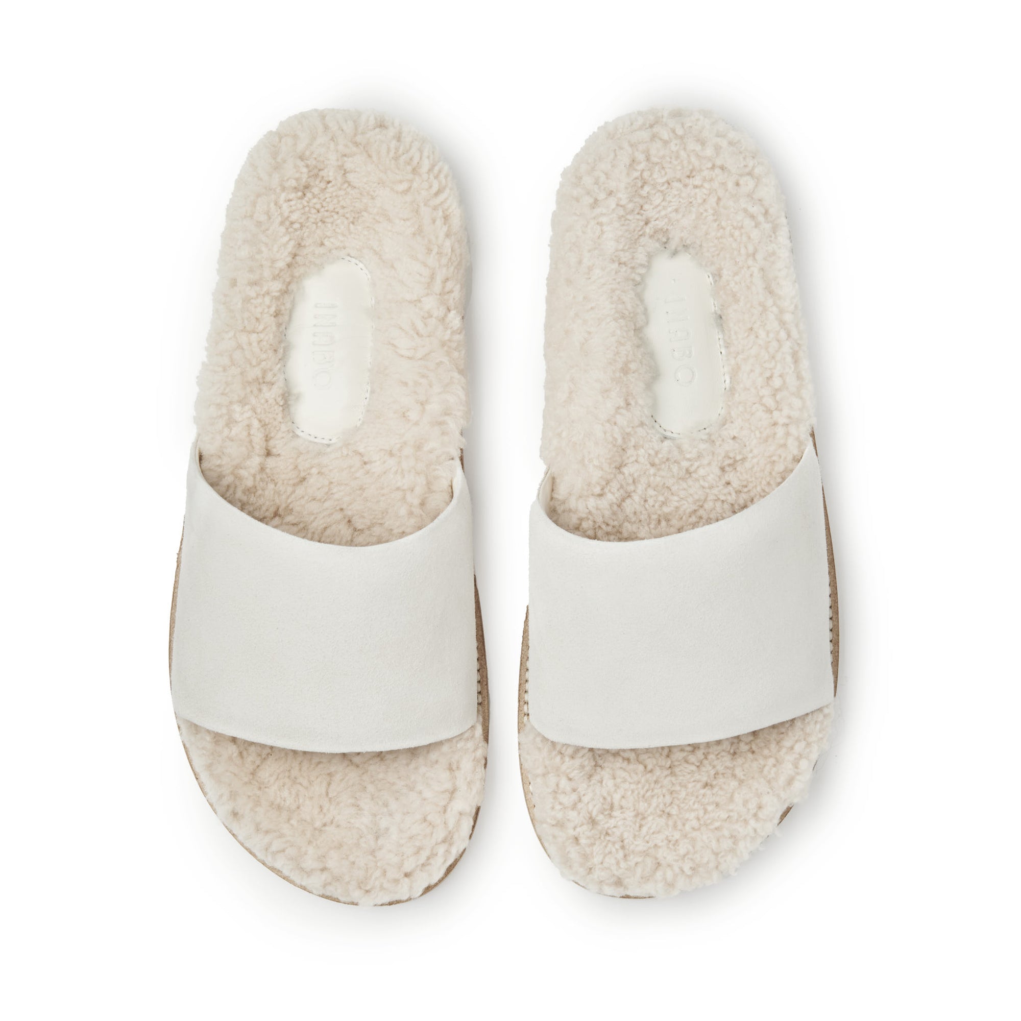 Inabo Women's Slipper in cream suede and white shearling with an open-toe shown from above
