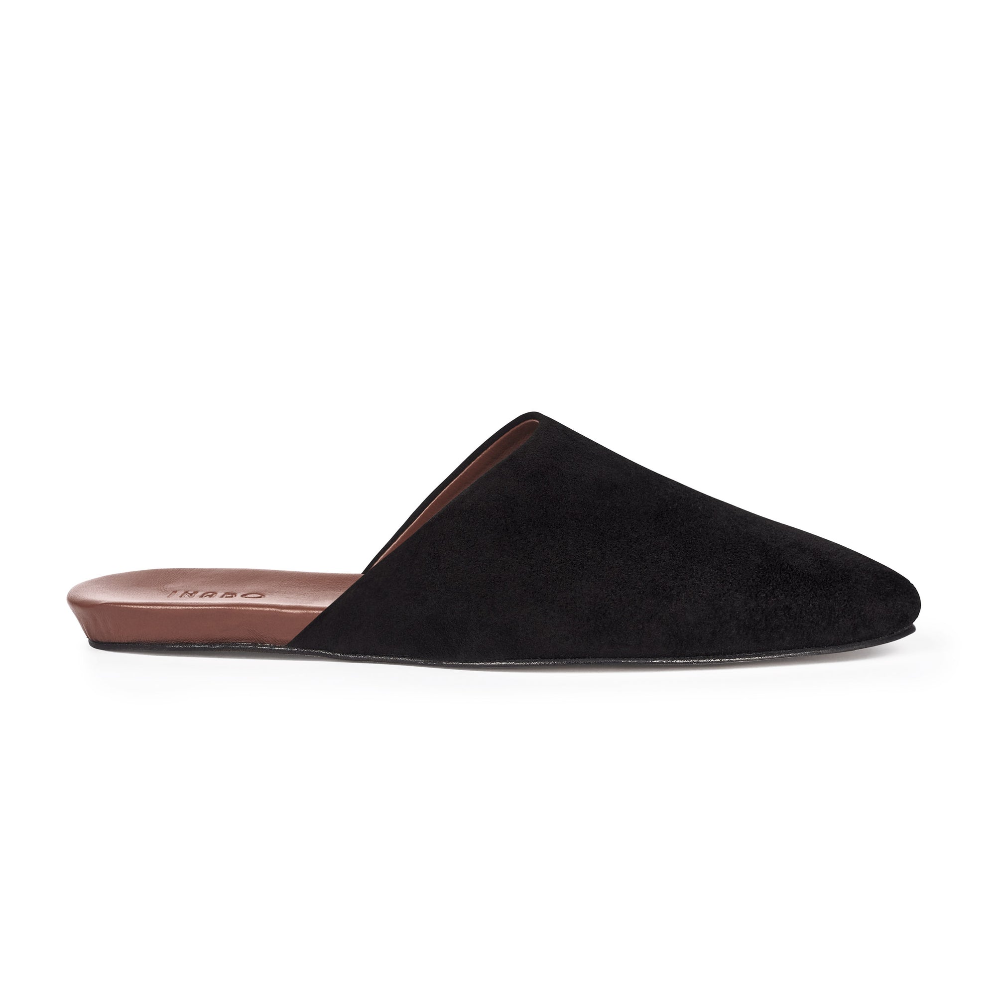 Inabo Women's Slider slipper in black suede and brown leather insole shown in profile