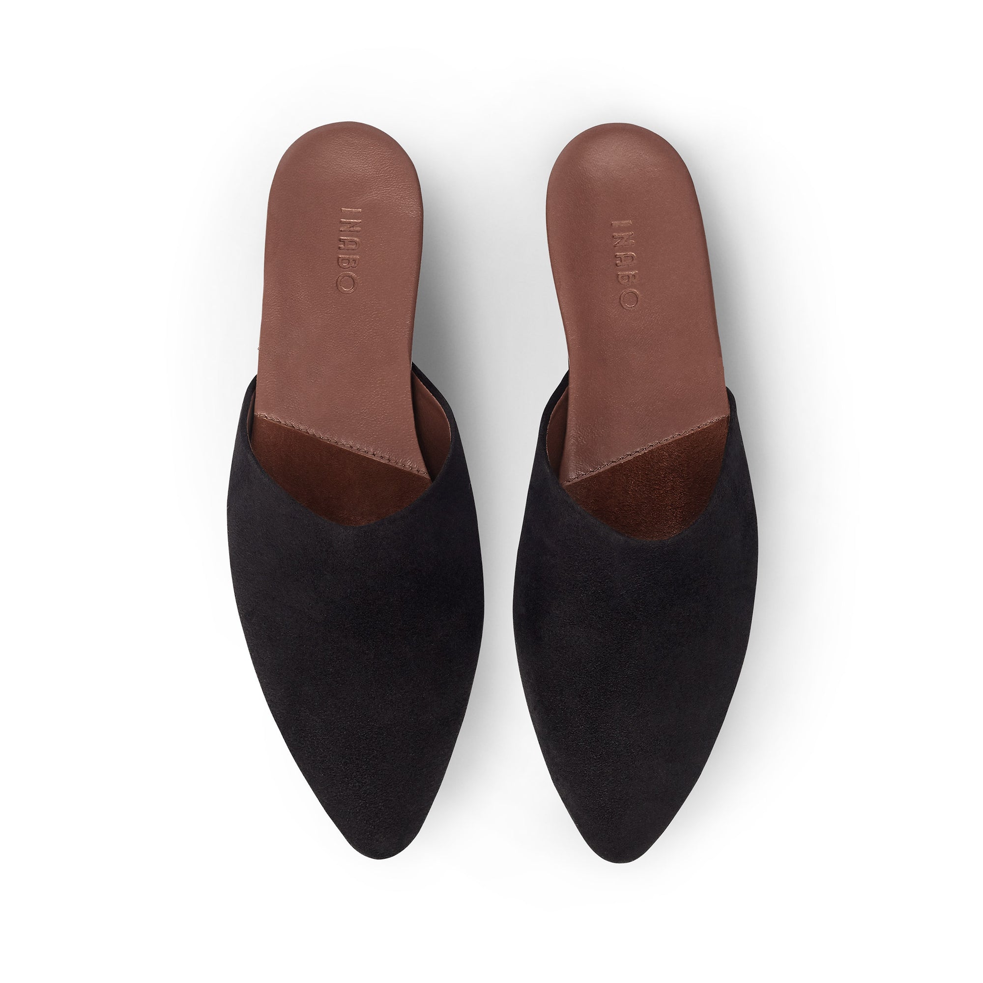 Inabo Women's Slider slipper in black suede and brown leather insole shown from above