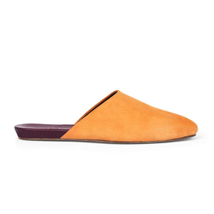 Inabo Women's Slider slipper in Saffron Suede and burgundy leather insole shown in profile