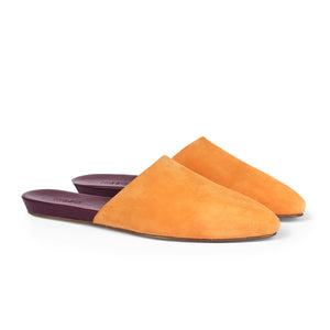 Inabo Women's Slider slipper in Saffron Suede and burgundy leather insole 