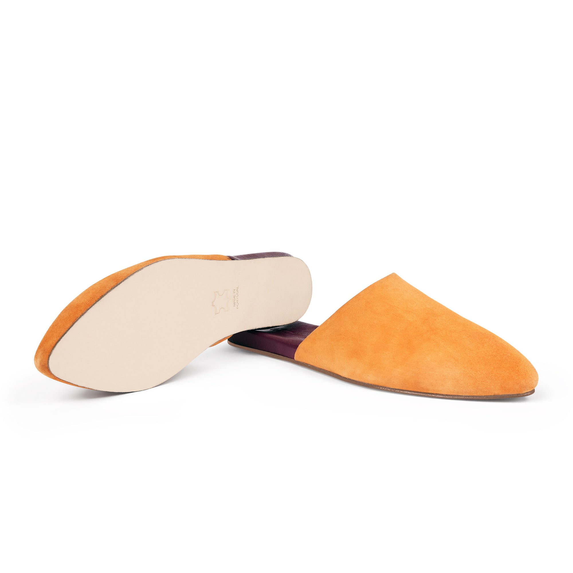 Inabo Women's Slider slipper in Saffron Suede showing the leather outer sole
