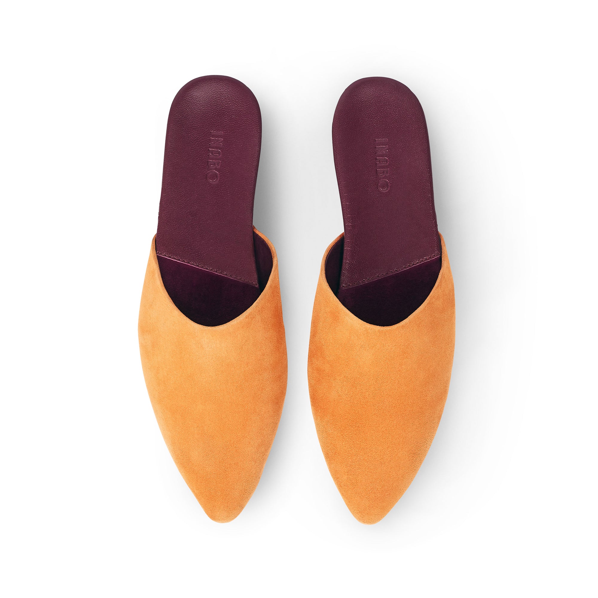 Inabo Women's Slider slipper in Saffron Suede and burgundy leather insole shown from above