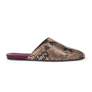 Inabo Women's Slider Slipper in Nougat Snake leather and burgundy leather insole shown in profile