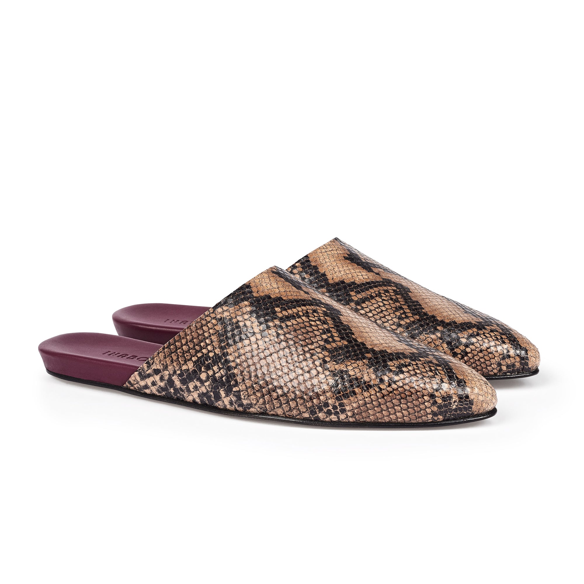 Inabo Women's Slider Slipper in Nougat Snake leather and burgundy leather insole