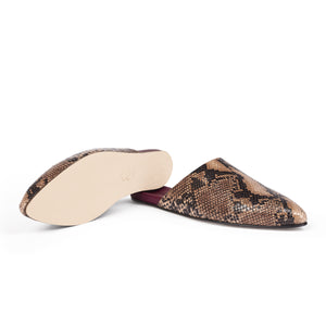 Inabo Women's Slider Slipper in Nougat Snake leather and burgundy leather insole showing the leather outer sole