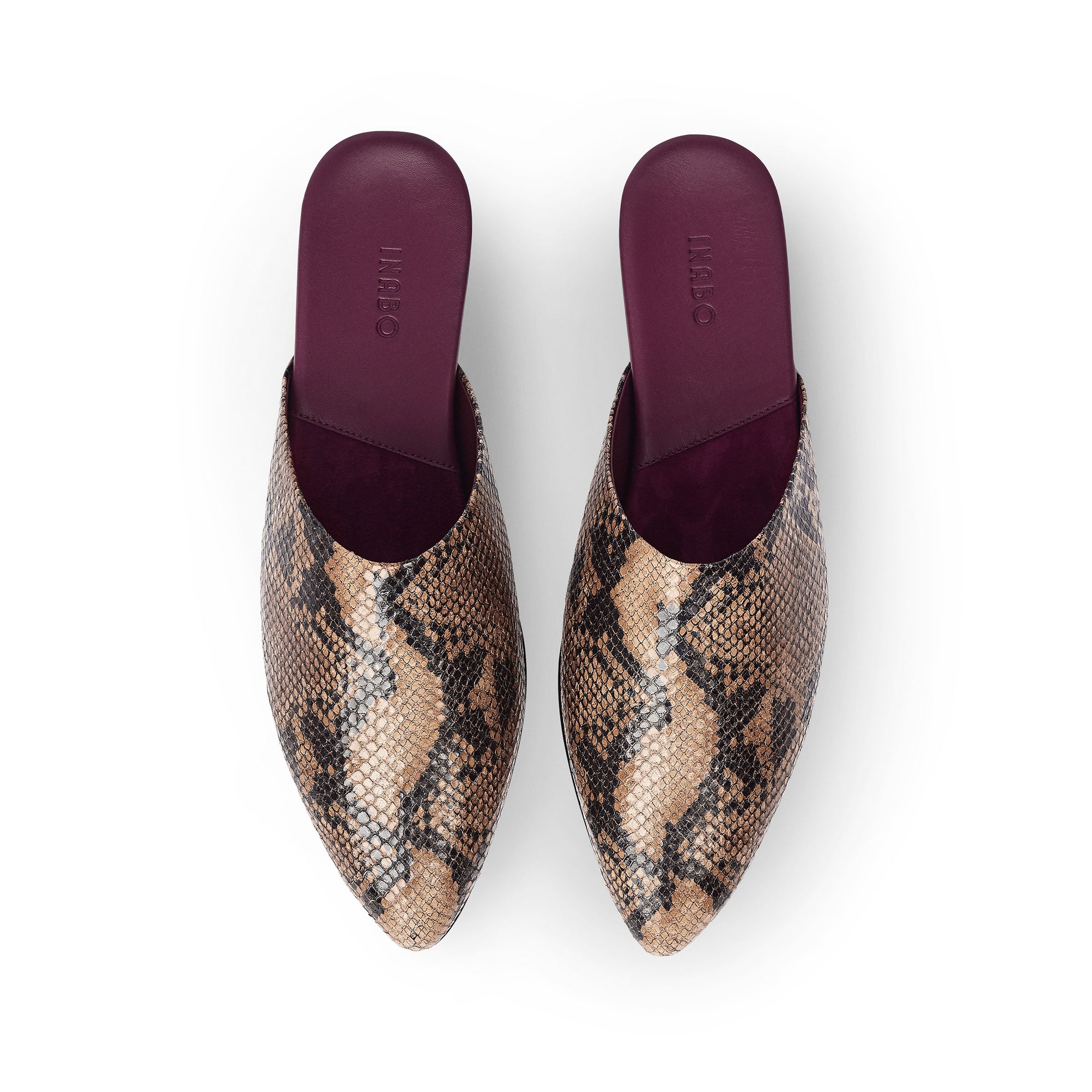Inabo Women's Slider Slipper in Nougat Snake leather and burgundy leather insole shown from above
