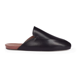 Inabo Women's Slowfer Slipper in black leather and brown leather insole shown in profile