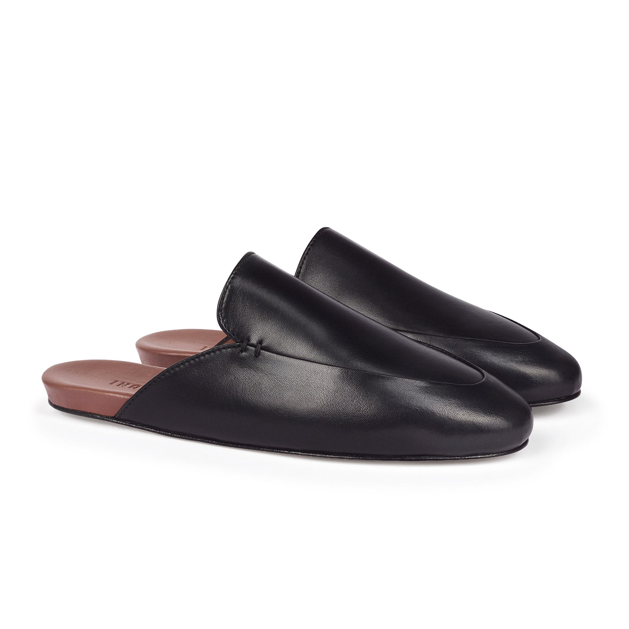 Inabo Women's Slowfer Slipper in black leather and brown leather insole 