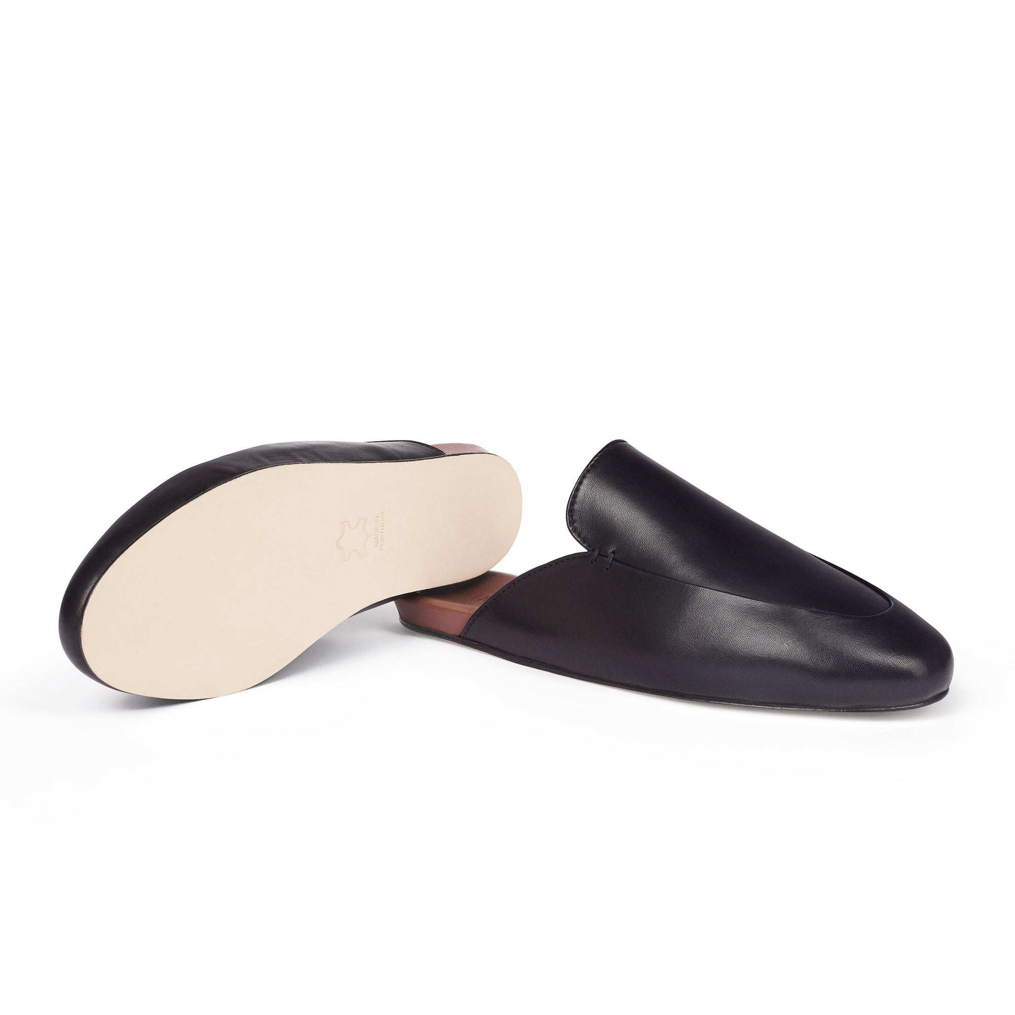 Inabo Women's Slowfer Slipper in black leather and the leather outer sole