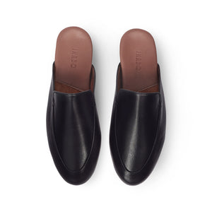 Inabo Women's Slowfer Slipper in black leather upper and brown leather insole shown from above