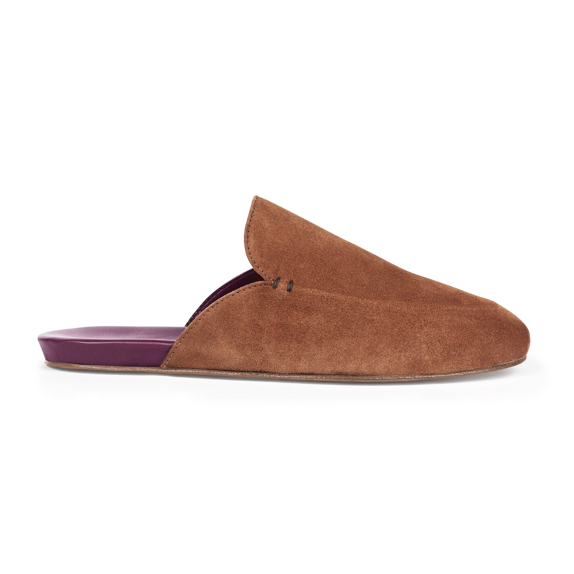 Inabo Women's Slowfer slipper in brown suede and burgundy leather insole shown in profile