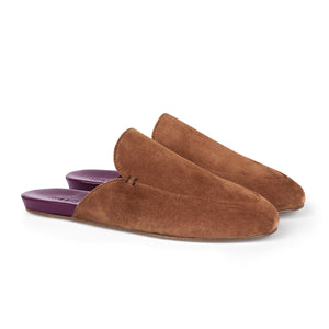 Inabo Women's Slowfer slipper in brown suede and burgundy leather insole